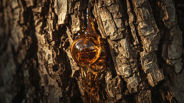 Golden tree resin drop dripping on rough bark texture in sunlight, macro close up of natural amber sap liquid on pine wood trunk background, organic forest nature detail and sticky fluid material conc