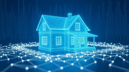 A glowing blue digital house with a network of connections and nodes on a dark background representing smart home technology and futuristic architecture with innovation