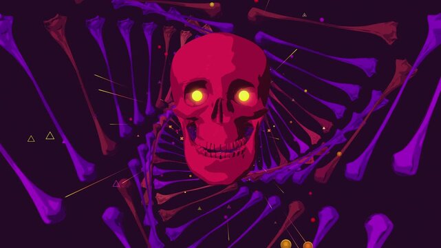 4k Stylized horror motion background featuring a skull with glowing eyes in a dark purple vortex