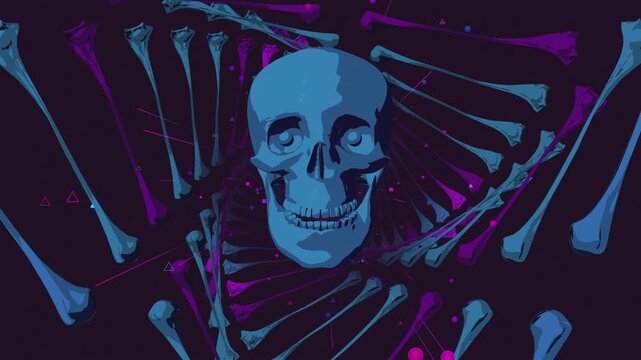 4k Stylized horror motion background featuring a skull with glowing eyes in a dark purple vortex