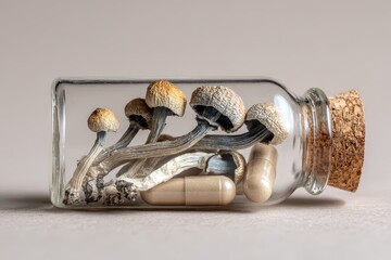 Dried psilocybin mushrooms and capsules in a glass bottle. Concept of psychedelic microdosing, therapy, and alternative medicine.