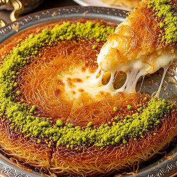 Close-up of a delicious, golden-brown Turkish kunefe dessert with a cheesy pull, garnished generously with vibrant green ground pistachios on a silver platter.