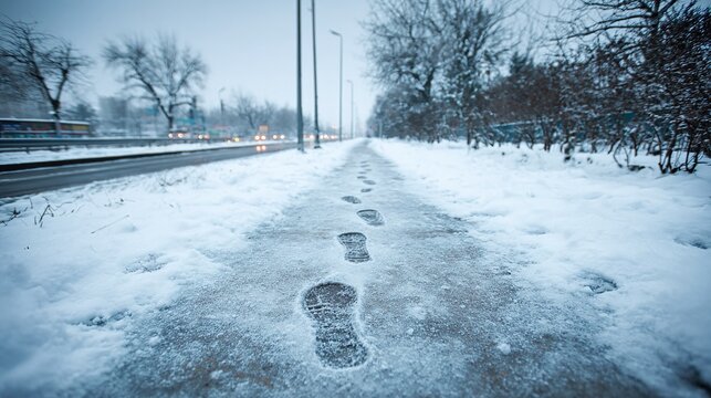 Footprints in the snow guide a path along a city sidewalk. The winter scene shows a cold, quiet street with trees and a road nearby, highlighting solitude and nature in an urban setting.