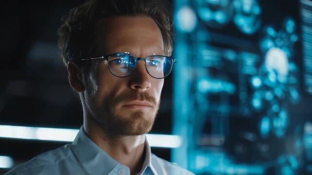 A man wearing glasses uses a transparent touchscreen display, surrounded by digital data and holographic graphics. The scene highlights advanced technology, innovation, and a forward thinking mindset