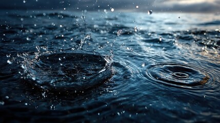 Dynamic water surface with splashes, ripples, and glistening drops. Ideal for nature, purity, refreshment, and fluid movement concepts.