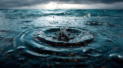 A dramatic water drop creates a splash and ripples on a dark surface. Ideal for concepts of rain, impact, freshness, or environmental themes.