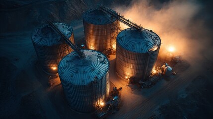 Dramatic aerial shot of industrial silos, orange glow and smoke. Ideal for themes of manufacturing, supply chain, or heavy industry.