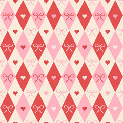 Coquette rhombus seamless pattern. Girly plaid texture in red and pink colors. Argyle cute diamond pattern with bows and hearts. Holiday circus print for Valentines' day, wedding, birthday, wrap.