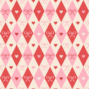 Coquette rhombus seamless pattern. Girly plaid texture in red and pink colors. Argyle cute diamond pattern with bows and hearts. Holiday circus print for Valentines' day, wedding, birthday, wrap.