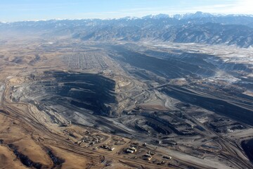 Large open-pit coal mine dominates a dry, winter landscape with mountains. Perfect for topics on energy, industry, environmental impact, or resource management.