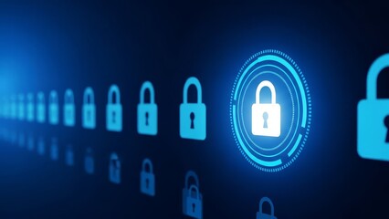 Glowing blue padlock icons in a circle with a dark background representing cybersecurity and data protection with a sense of safety and technology with privacy