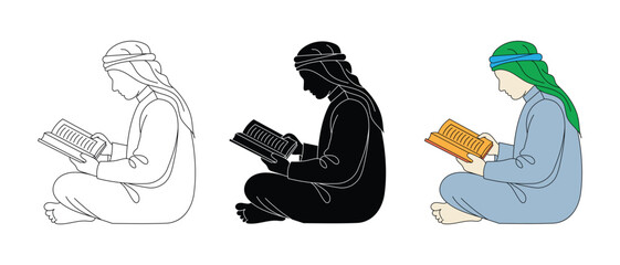 Muslim man reading the quran. Ramadan islamic prayer symbol. Vector illustration.