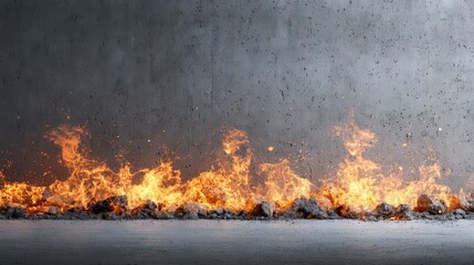 Vibrant fire blazes along a textured grey concrete wall backdrop. Ideal for concepts of danger, power, energy, or urban destruction.