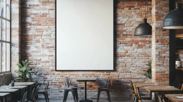 Interior of restaurant with brick wall and large blank screen.