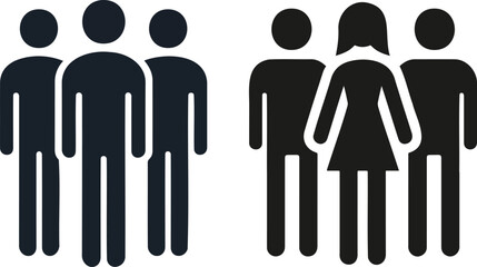 Solid Black Vector Icon of Three Human Figures Standing Together Representing Teamwork, Collaboration, and Community in a Minimalist Flat Style