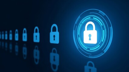 Digital security concept with glowing blue padlocks in a futuristic cyber protection arrangement with technology and cybersecurity and online protection and secure