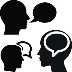Minimalist Solid Black Vector Icon of a Human Head Silhouette with a Speech Bubble Representing Communication, Ideas, and Dialogue