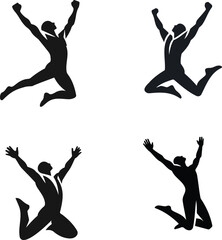 Energetic Solid Black Vector Icon of a Human Figure Jumping Upward with Raised Arms Representing Success, Freedom, and Achievement