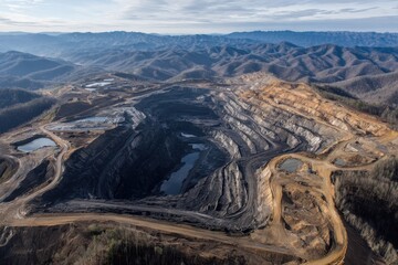 Aerial view shows a vast open-pit coal mine with terraced landscape. Visualizes the immense scale of resource extraction and land alteration.
