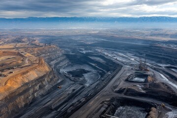Aerial view of vast open-pit coal mine, tiered landscape, heavy machinery. Illustrates industrial scale energy production and resource extraction impact.