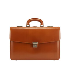 A stylish and classic brown leather briefcase featuring a metal clasp and sturdy handle for professional use, isolated on transparent background