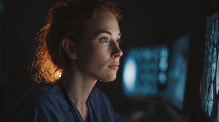 Focused health professional reviewing medical images on a dark screen. Her dedication and attention to detail are evident as she analyzes the diagnostic data.