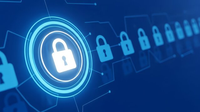 Secure online digital padlock chain cybersecurity concept with glowing blue locks and keyholes on a dark blue background with futuristic circuit board design with technology - Powered by Adobe