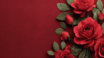 Textured red background with elegant paper roses and green leaves. Ideal for romantic backgrounds, Valentine's Day, or greeting card designs.