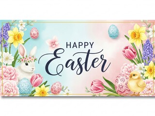 Happy Easter Greeting Banner with Colorful Painted Eggs, Cute Bunny, and Spring Flowers