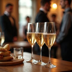 Obraz premium Three champagne glasses stand on table at event. Snacks on the wooden board near. Businessmen talk in background. Celebration occasion with sparkling alcohol beverage drink at the corporate meeting.