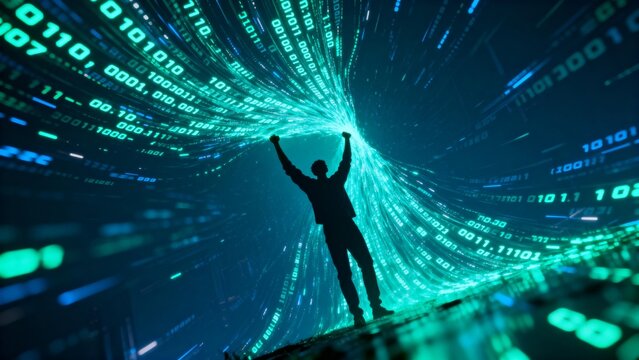 Silhouette of person with binary code stream