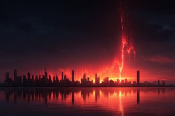 Glowing red digital data streams ascend from a dark city skyline reflection. Ideal for tech, cybersecurity, AI, future warnings, or dramatic concepts.