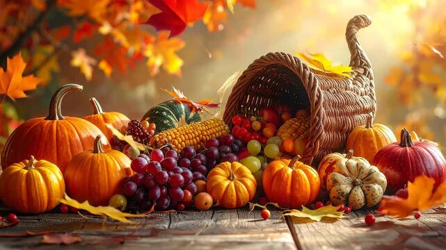 Abundant autumn harvest featuring pumpkins, grapes, corn, and a cornucopia on a rustic wooden table.