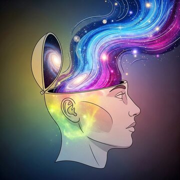 Surreal Illustration of Human Mind Opening into a Colorful Universe
