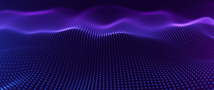 Big Data Flow With Glowing Particle Waves On Dark Background. Abstract AI Neural Network And Digital Communication Concept. Futuristic Tech Design. Vector Illustration.