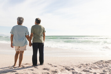 Multiracial senior couple holds hands, views sea from beach rear