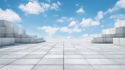 Fototapeta premium Clouds drift in the sky above a platform made of ancient stone blocks in an open area with no buildings around.