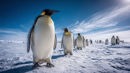 Obraz premium A regal assembly of penguins graces the icy expanse, under a clear, blue sky. Their distinct black and white plumage pops against the snow. A natural scene that captures