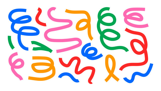 Collection of colorful hand drawn squiggles and scribbles isolated on transparent background. Bold curved and wavy lines swirled brush strokes with loops. Simple squiggle set. Vector illustration.