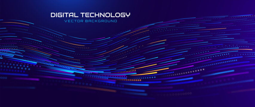 Big Data Flow Particles Dots. Digital Neural Network. Concept of AI Artificial Intelligence Technology Machine Deep Learning. Digital Communication. Scientific Research Presentation Vector.