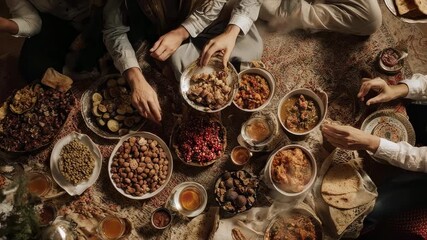 A muslim man and others gather around a table filled with various dishes in a warm and inviting atmosphere