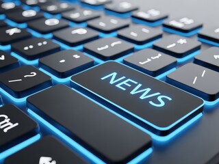 Close up of computer keyboard with blue backlit keys and news button with technology and computing and input and device and hardware and media and information