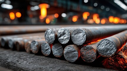 Stacked hot steel billets in a glowing industrial plant. Represents heavy industry, steel production, and manufacturing processes.
