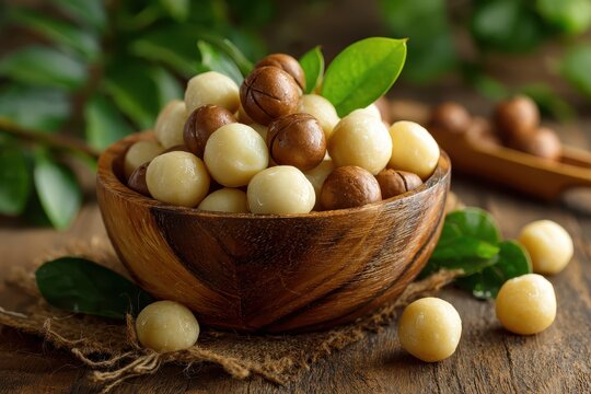 Wooden bowl of macadamia nuts, shelled and in-shell, rustic style. Showcases healthy snacks, natural ingredients, and gourmet food.