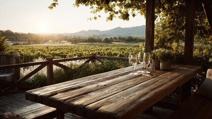 Rustic table with wine glasses overlooks a sunlit vineyard at golden hour. Perfect for showcasing vineyard tours, luxury travel, and tranquil escapes.