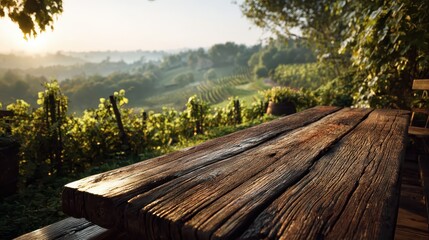 Rustic wooden table overlooks a misty, sunlit vineyard landscape. Perfect for wine, nature, travel, or serene product display.