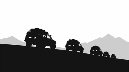 Off road vehicles driving in a line on a mountain landscape silhouette. © ardi