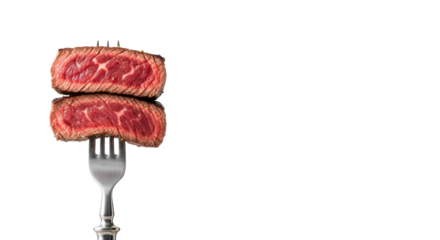 Three succulent, medium-rare beef steak slices, juicy pink, well-seared, stacked on a polished silver fork, white background, concept of culinary excellence