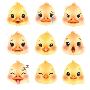 A colorful set of cute and funny cartoon duck faces showing different emotions and playful expressions