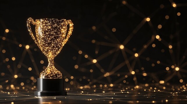 A radiant trophy shimmers, its form outlined by a network of light, embodying achievement. It stands on a dark pedestal with twinkling lights in the backdrop.